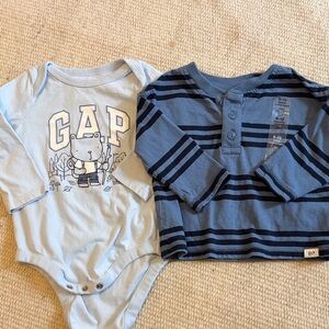 GAP Light Blue Graphic Onesie and Navy Striped Shirt Set